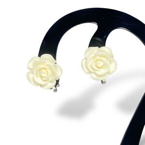 Vintage White Rose Clip On Earrings Carved Floral Angel Skin Coral Style Jewelry